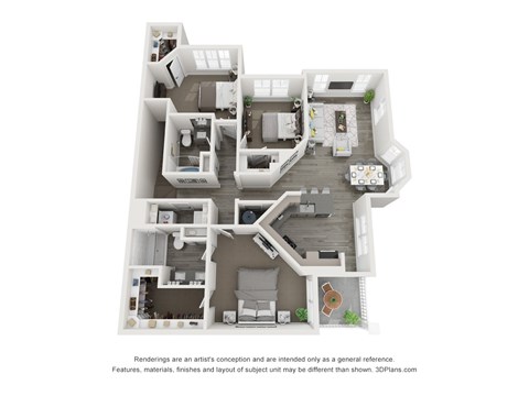 A 3D floor plan of a house with multiple rooms and furniture.